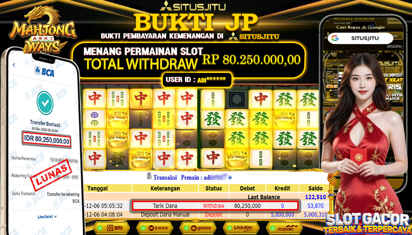 SITUSJITU  id : ADI***** JACKPOT SLOT MAHJONG WAYS PG SOFT Rp.80.250.000,- LUNAS
