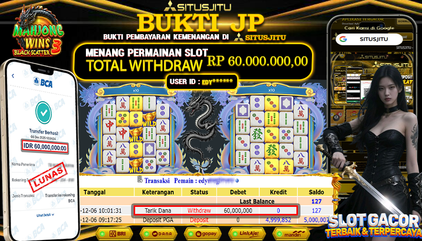 SITUSJITU  id : EDY***** JACKPOT SLOT MAHJONG WINS 3 BLACK SCATTER PRAGMATIC PLAY Rp.60.000.000,- LUNAS