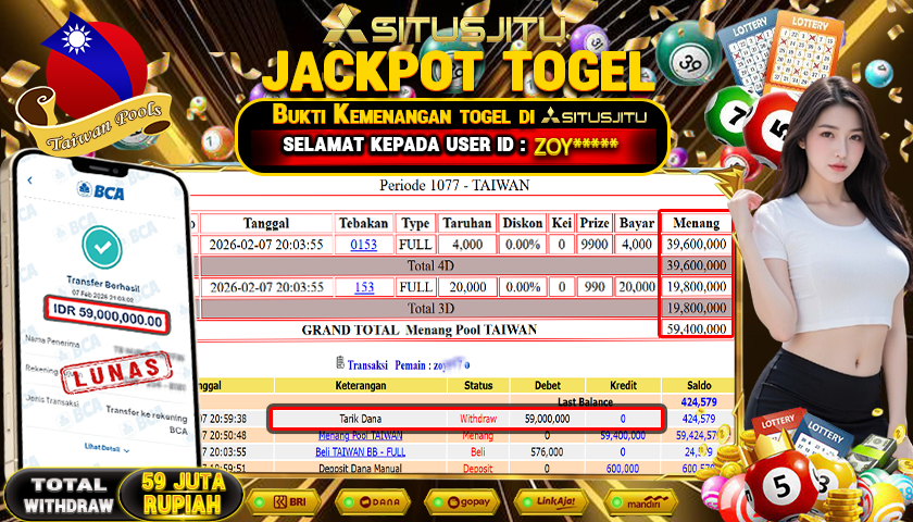 SITUSJITU id : ZOY***** JACKPOT TOGEL TAIWAN POOLS Rp.59.000.000 ,- LUNAS