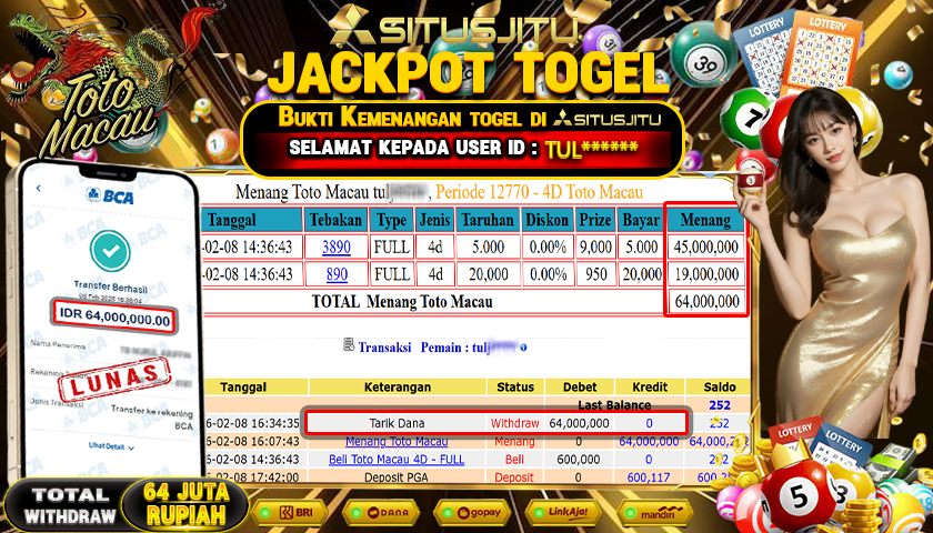 SITUSJITU id : TUL***** JACKPOT TOGEL 43D TOTO MACAU Rp.64.000.000 ,- LUNAS