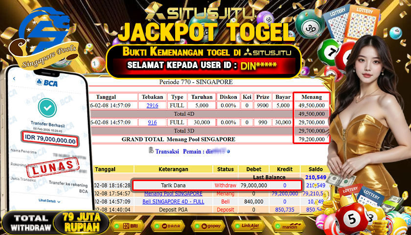 SITUSJITU id : DIN***** JACKPOT TOGEL 43D SINGAPORE Rp.79.000.000 ,- LUNAS