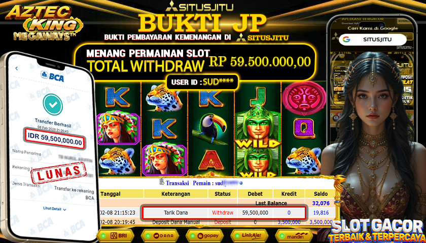 SITUSJITU id : SUD***** JACKPOT SLOT AZTEC KING MEGAWAYS PRAGMATIC PLAY TOTAL WITHDRAW  Rp.59.500.000 ,- LUNAS