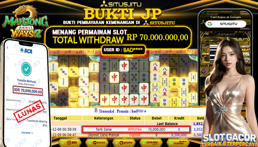 SITUSJITU  id : BAD**** JACKPOT SLOT  MAHJONG WAYS 2 PG SOFT Rp.70.000.000,- LUNAS