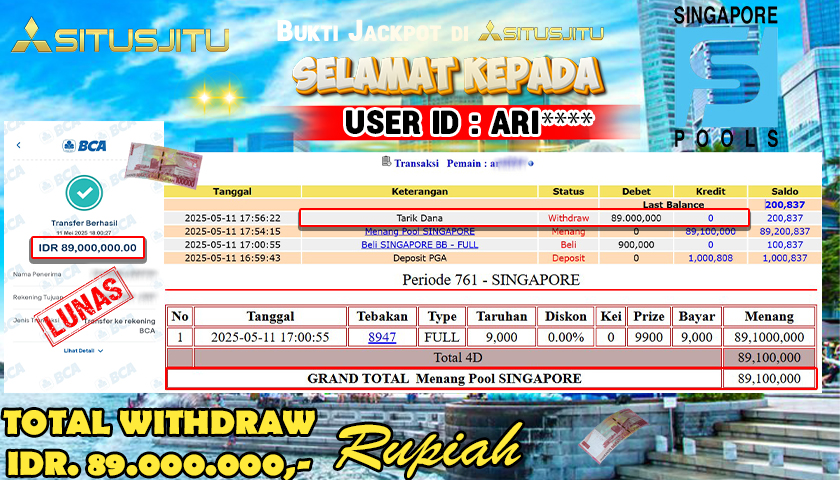 SITUSJITU id : ARI*** MENANG BESAR DI POOL SINGAPORE DENGAN TOTAL WITHDRAW Rp.89.000.000 ,- LUNAS