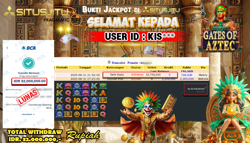 SITUSJITU id : KIS*** JACKPOT MENANG BESAR DI GATES OF AZTEC PRAGMATIC PLAY Rp32.000.000 ,- LUNAS