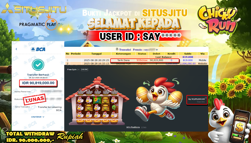 SITUSJITU id : SAY***** JACKPOT SLOT DI CHICKY RUN PRAGMATIC PLAY Rp.90.000.000 ,- LUNAS