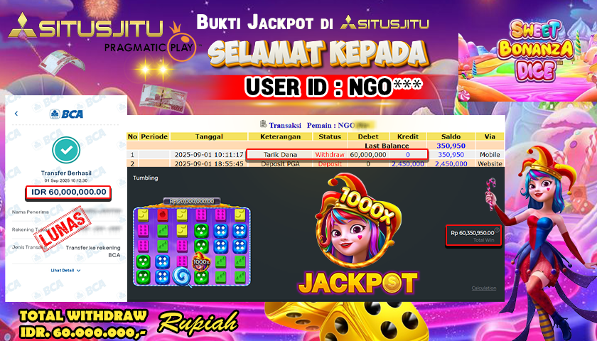SITUSJITU id :  NGO*** JACKPOT SLOT DI SWEET BONANZA DICE Rp.60.000.000 ,- LUNAS