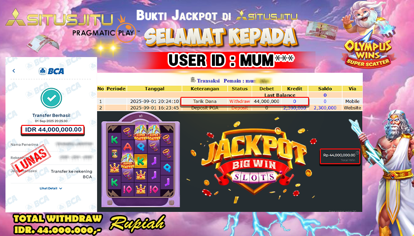 SITUSJITU id : MUM*** JACKPOT MENANG BESAR DI OLYMPUS WINS SUPER SCATTER PRAGMATIC PLAY Rp.44.000.000 ,- LUNAS