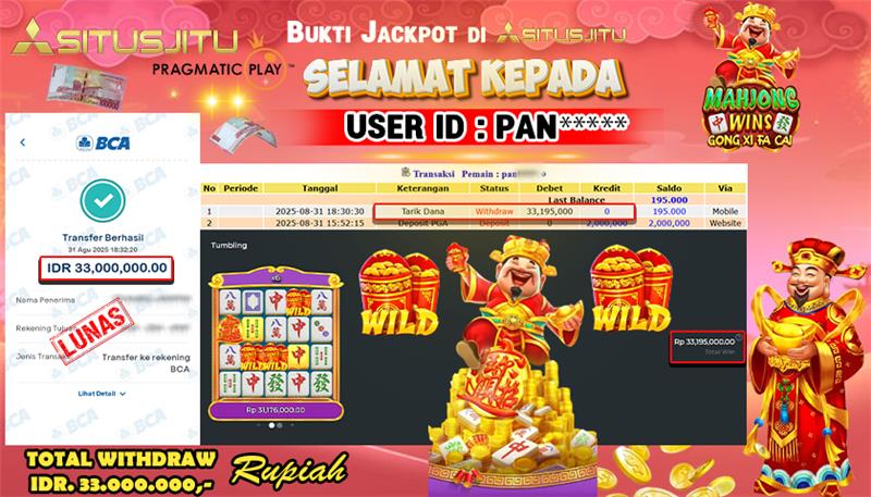 SITUSJITU  id : PAN****** MENANG BESAR DI SLOT MAHJONG WINS GONG XI FA CAI PRAGMATIC PLAY DENGAN TOTAL WITHDRAW Rp.33.000.000 ,- LUNAS
