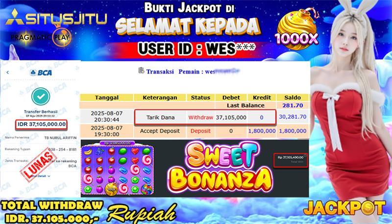 SITUSJITU id :  WES**** JACKPOT SLOT DI SWEET BONANZA 1000 Rp.37.105.000 ,- LUNAS
