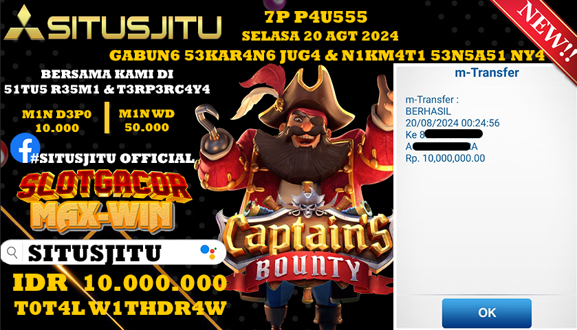 SITUSJITU id : LK***** JACKPOT CAPTAIN'S BOUNTY Rp.10.000.000 ,- LUNAS