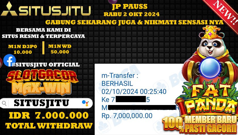 SITUSJITU id : SW4***** JACKPOT Fat Panda Rp.7.000.000 ,- LUNAS