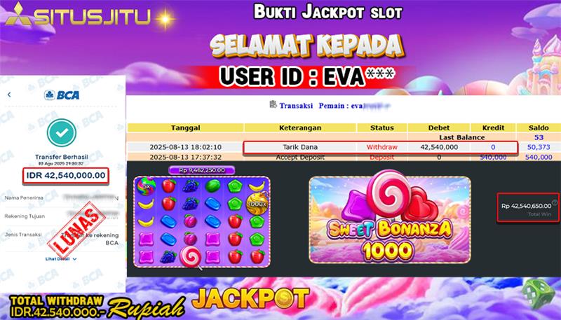 SITUSJITU  id : EVA*** MENANG BESAR DI SLOT SWEET BONANZA 1000 PRAGMATIC PLAY DENGAN TOTAL WITHDRAW Rp.42.540.000 ,- LUNAS