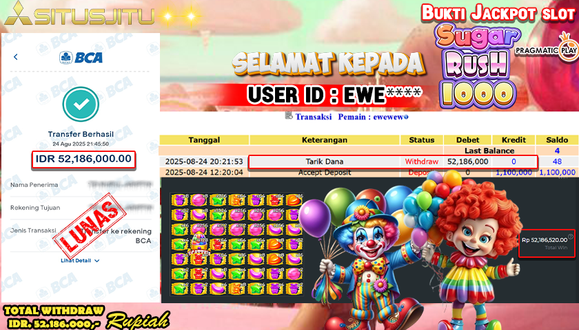 SITUSJITU id : EWE**** JACKPOT MENANG BESAR DI SUGAR RUSH 1000 PRAGMATIC PLAY Rp.52.186.000 ,- LUNAS