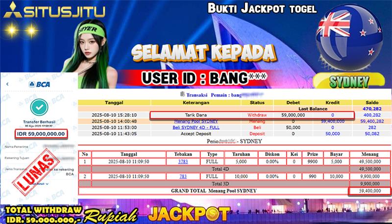 SITUSJITU id :  BANG**** JACKPOT TOGEL 43D DI PASARAN SYDNEY LOTTO  Rp.59.000.000 ,- LUNAS