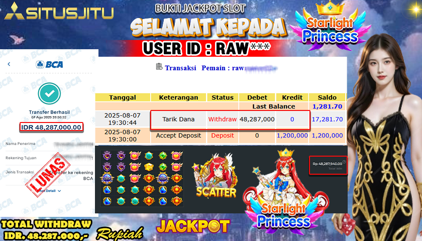 SITUSJITU id :  RAW**** JACKPOT SLOT DI STARLIGHT PRINCESS 1000 Rp.42.287.000 ,- LUNAS