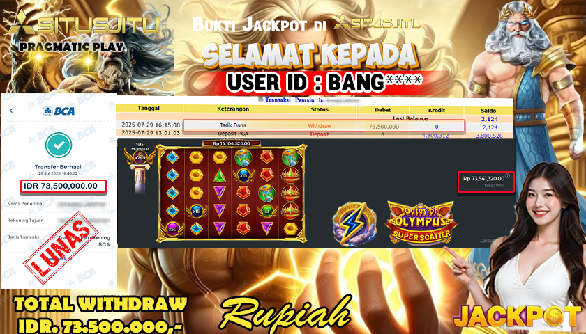 SITUSJITU id : BANG***** JACKPOT SLOT GATES OF OLYMPUS SUPER SCATTER Rp.73.500.000 ,- LUNAS