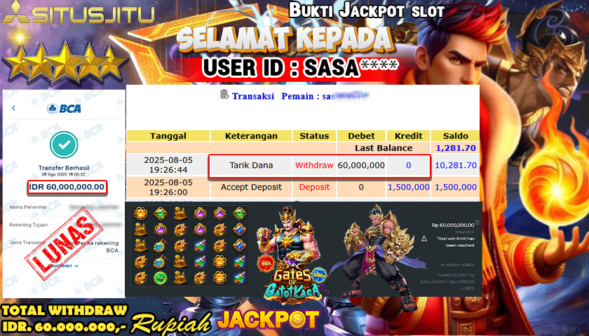 SITUSJITU id : SASA**** JACKPOT MENANG BESAR DI GATES OF GATOT KACA PRAGMATIC PLAY Rp.60.000.000 ,- LUNAS
