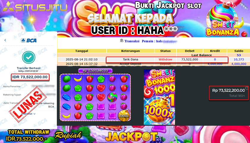 SITUSJITU id :  HAHA*** JACKPOT SLOT DI SWEET BONANZA 1000 Rp.73.522.000 ,- LUNAS