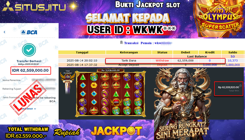 SITUSJITU id : WKWK*** JACKPOT SLOT GATES OF OLYMPUS SUPER SCATTER Rp.62.559.000 ,- LUNAS