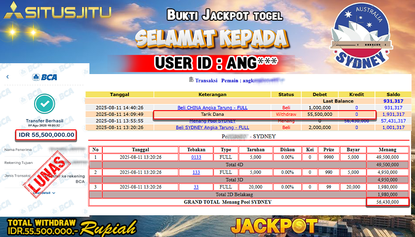 SITUSJITU id :  ANG**** JACKPOT TOGEL 432D DI SYDNEY LOTTO  Rp.55.500.000 ,- LUNAS