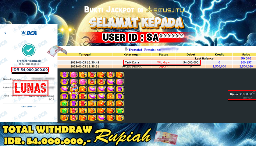 SITUSJITU  id : SA****** MENANG BESAR DI SLOT SUGAR RUSH 1000 PRAGMATIC PLAY DENGAN TOTAL WITHDRAW Rp.54.000.000 ,- LUNAS