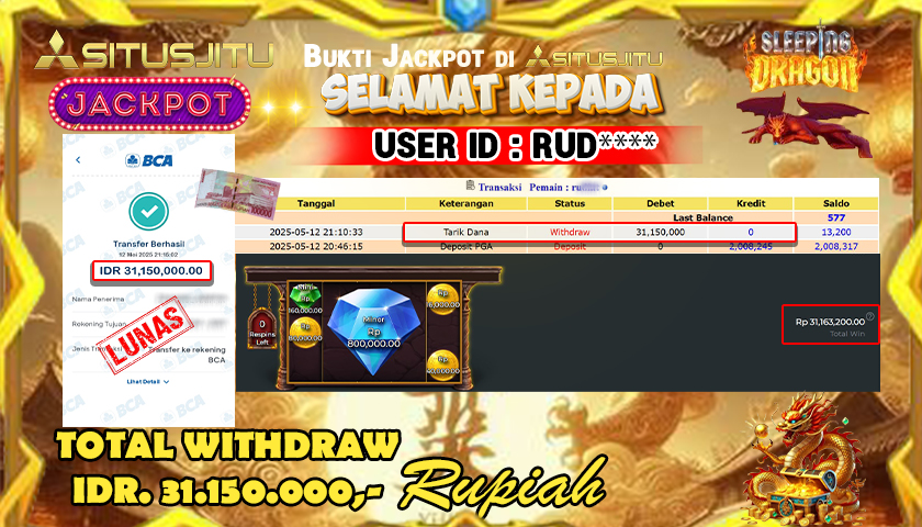 SITUSJITU id : RUD**** JACKPOT MENANG BESAR DI SLOT SLEEPING DRAGON PRAGMATIC PLAY Rp.31.150.000 ,- LUNAS