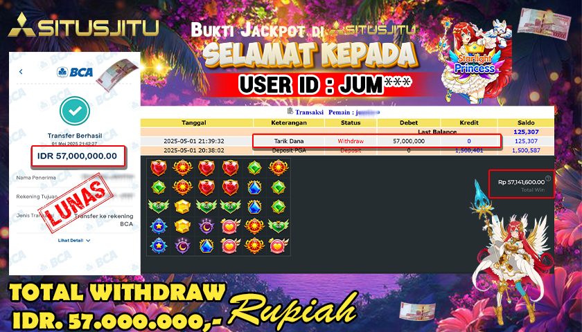 SITUSJITU id : JUM**** MENANG BESAR DI Slot Mania Princess  PRAGMATIC PLAY DENGAN TOTAL WITHDRAW Rp.57.000.000 ,- LUNAS