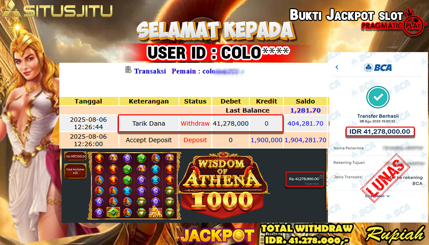 SITUSJITU id :  COLO**** JACKPOT SLOT DI WISDOM OF ATHENA 1000 Rp.41.278.000 ,- LUNAS