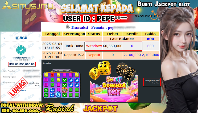 SITUSJITU  id : PEPE**** MENANG BESAR DI SLOT SWEET BONANZA DICE PRAGMATIC PLAY DENGAN TOTAL WITHDRAW Rp.60.350.000 ,- LUNAS