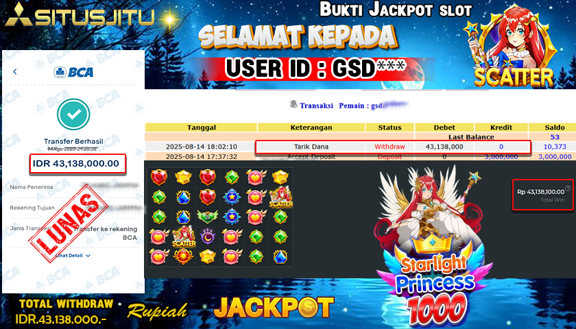 SITUSJITU id : GSD*** ACKPOT SLOT STARLIGHT PRINCESS 1000 Rp.43.138.000 ,- LUNAS