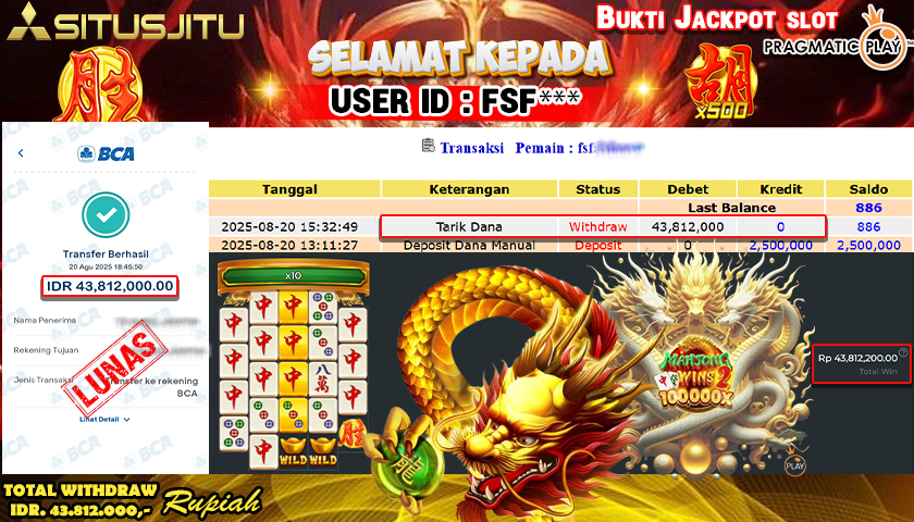 SITUSJITU id :  FSF****** JACKPOT SLOT DI MAHJONG WINS 2 Rp.43.812.000 ,- LUNAS