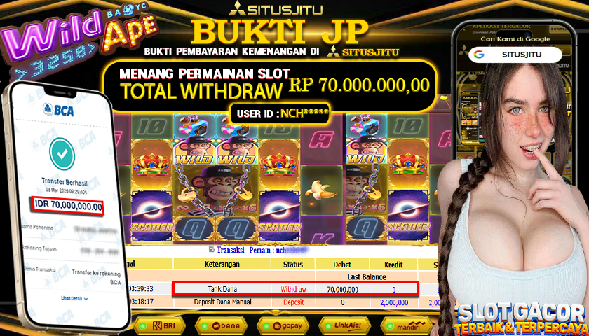 SITUSJITU id : NCH***** JACKPOT SLOT  WILD APE PG SOFT TOTAL WITHDRAW  Rp.70.000.000 ,- LUNAS