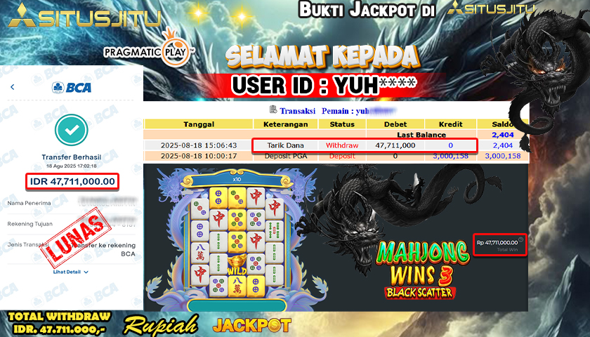 SITUSJITU id : YUH**** JACKPOT MENANG BESAR DI MAHJONG WINS 3 - BLACK SCATTER PRAGMATIC PLAY Rp.47.711.000 ,- LUNAS