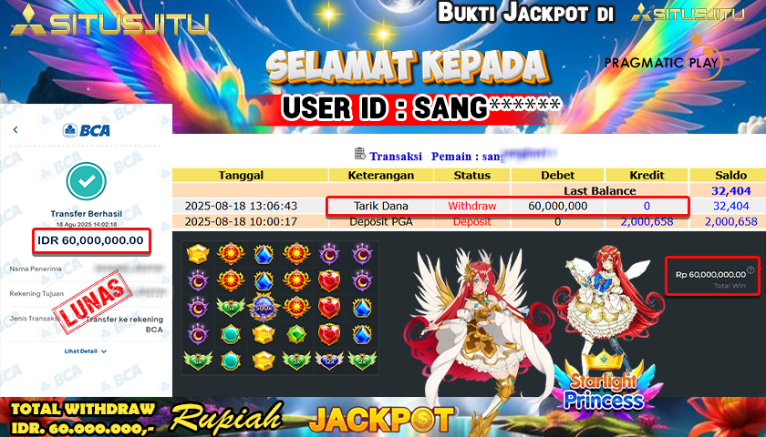 SITUSJITU id :  SANG****** JACKPOT SLOT DI STARLIGHT PRINCESS Rp.60.000.000 ,- LUNAS