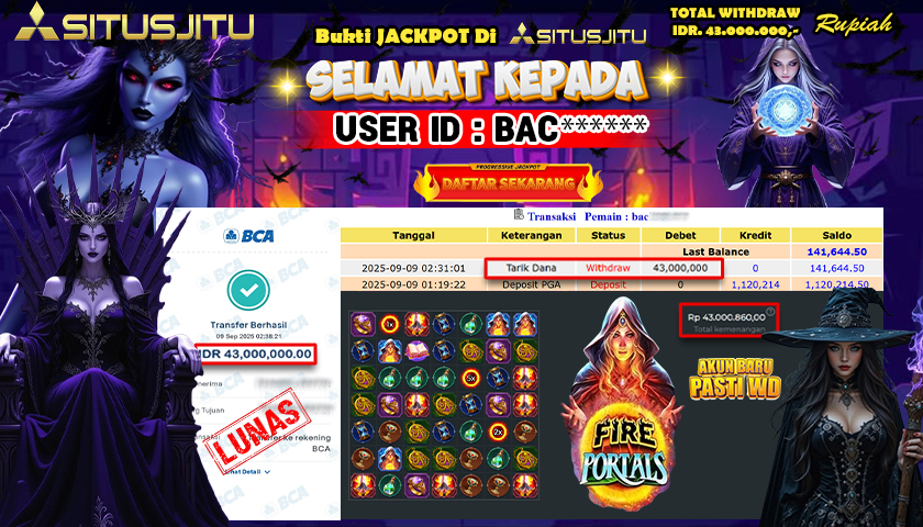 SITUSJITU  id : BAC**** MENANG BESAR DI SLOT FIRE PORTALS DENGAN TOTAL WITHDRAW Rp.43.000.000 ,- LUNAS