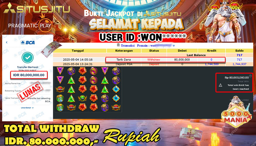 SITUSJITU id : WON****** JACKPOT MENANG BESAR DI SLOT 5000X MANIA PRAGMATIC PLAY Rp.80.000.000 ,- LUNAS