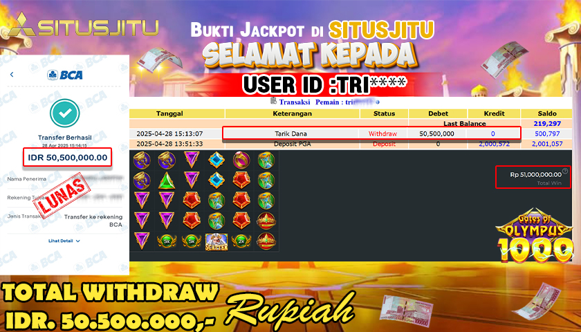 SITUSJITU id : TRI*** JACKPOT MENANG BESAR DI GATES OF OLYMPUS 1000 PRAGMATIC PLAY Rp.51.000.000 ,- LUNAS