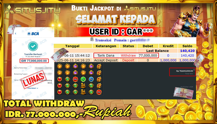 SITUSJITU id : GAR*** JACKPOT MENANG BESAR DI GATES OF GATOT KACA 1000 PRAGMATIC PLAY Rp.77.000.000 ,- LUNAS