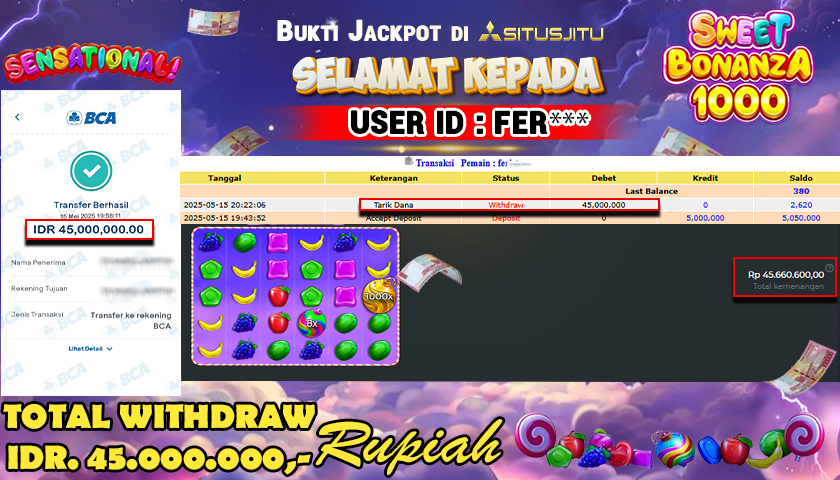 SITUSJITU id : FER*** JACKPOT SLOT SWEET BONANZA 1000 Rp.45.000.000 ,- LUNAS