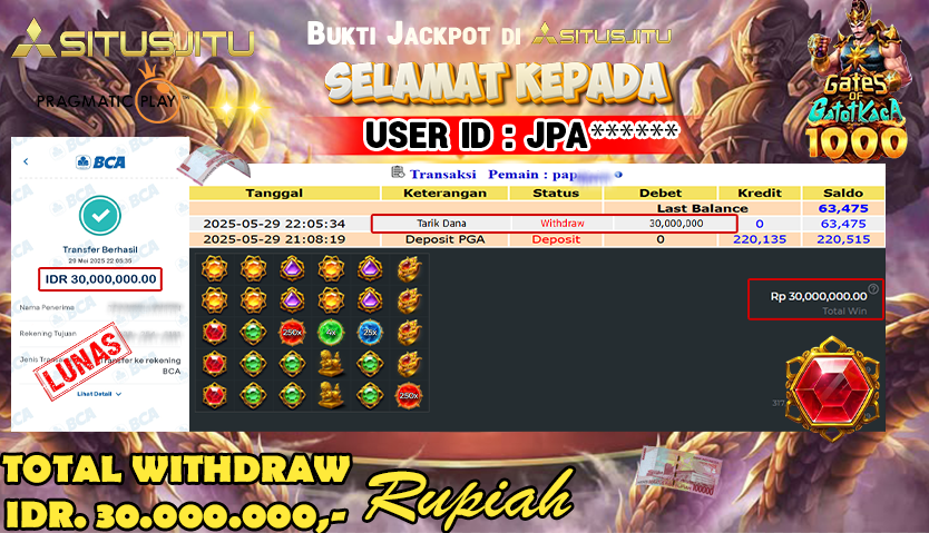 SITUSJITU id : JPA***** JACKPOT MENANG BESAR DI GATES OF GATOT KACA 1000 PRAGMATIC PLAY Rp.30.000.000 ,- LUNAS