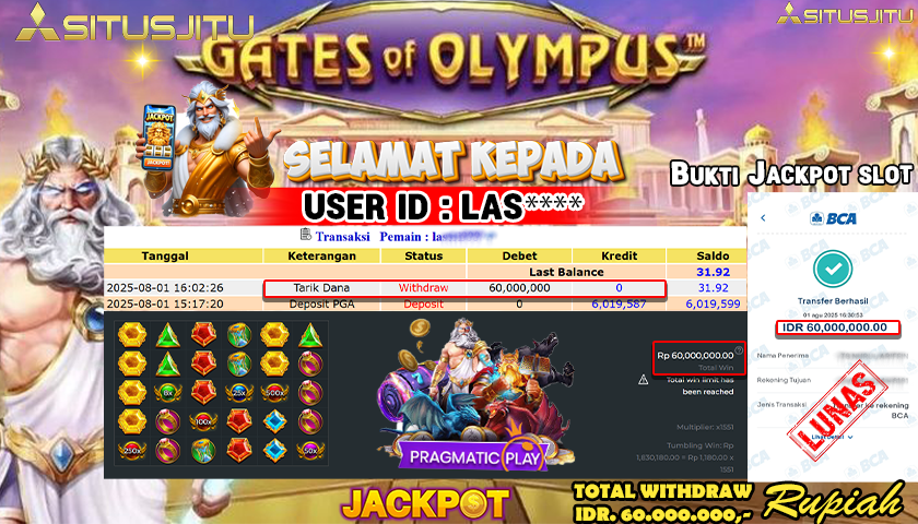 SITUSJITU id :LAS**** JACKPOT SLOT GATES OF OLYMPUS PRAGMATIC PLAY Rp.60.000.000 ,- LUNAS