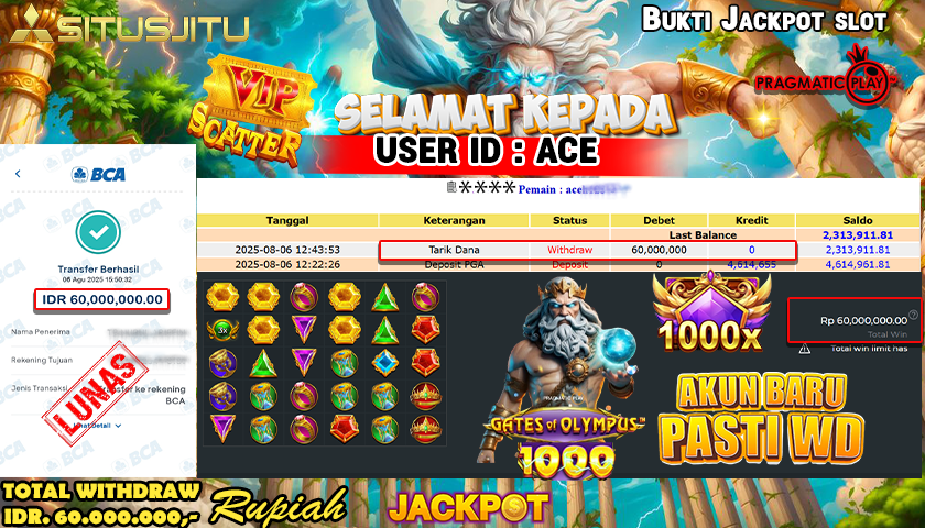 SITUSJITU id :  ACE**** JACKPOT SLOT DI GATES OF OLYMPUS 1000 Rp.60.000.000 ,- LUNAS