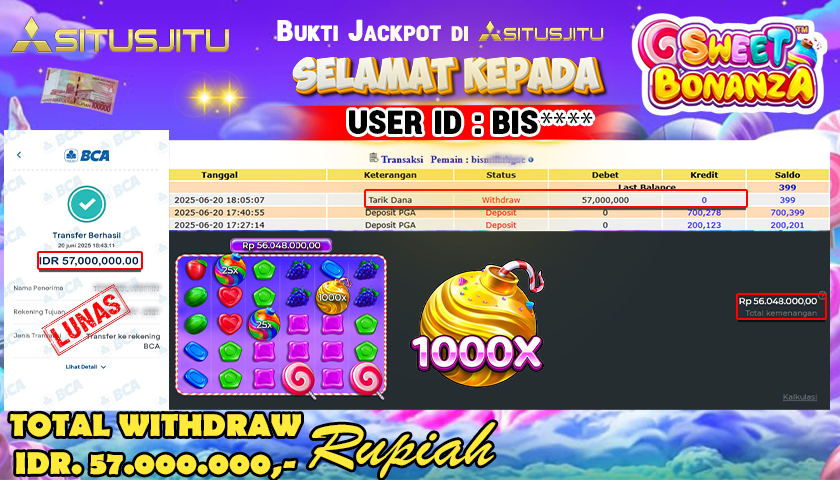 SITUSJITU  id : BIS***** MENANG BESAR DI SLOT SWEET BONANZA 1000 PRAGMATIC PLAY DENGAN TOTAL WITHDRAW Rp.57.000.000 ,- LUNAS