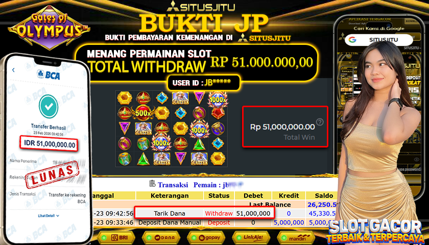 SITUSJITU id : JB**** JACKPOT SLOT  GATES OF OLYMPUS  PRAGMATIC PLAY  TOTAL WITHDRAW  Rp.51.000.000 ,- LUNAS