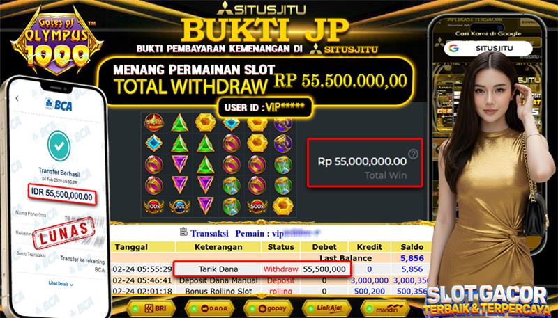 SITUSJITU id : VIP***** JACKPOT SLOT GATES OF OLYMPUS 1000 PRAGMATIC PLAY  TOTAL WITHDRAW  Rp.55.500.000 ,- LUNAS