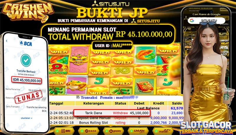 SITUSJITU id : MAU***** JACKPOT SLOT CAISHEN WINDS PG SOFT  TOTAL WITHDRAW  Rp.45.100.000 ,- LUNAS