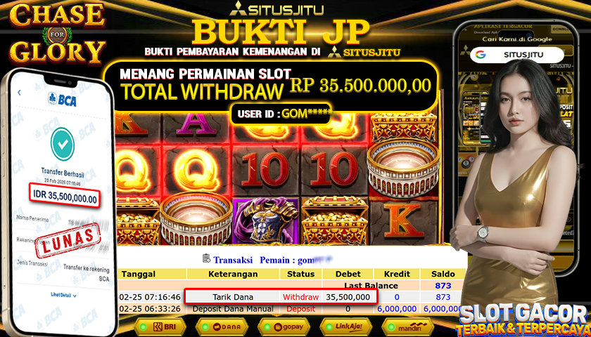 SITUSJITU id : GOM***** JACKPOT SLOT CHASE FOR GLORY PRAGMATIC PLAY  TOTAL WITHDRAW  Rp.35.500.000 ,- LUNAS