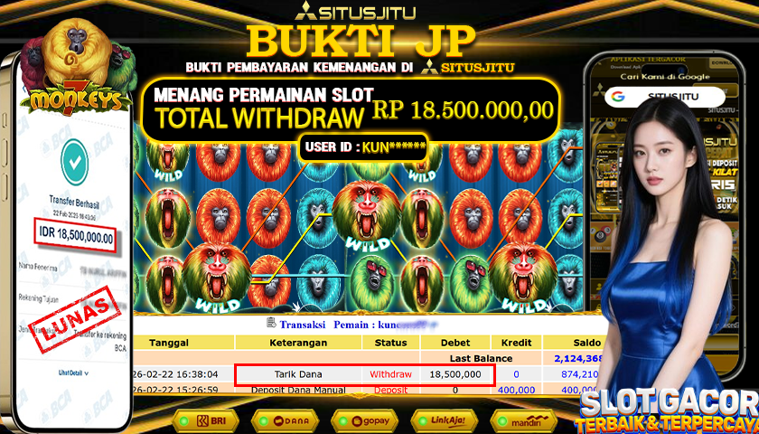 SITUSJITU id : KUN**** JACKPOT SLOT 7 MONKEYS PRAGMATIC PLAY  TOTAL WITHDRAW  Rp.18.500.000 ,- LUNAS