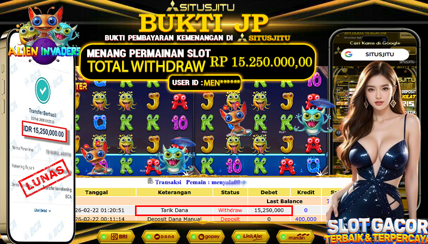SITUSJITU id : MEN**** JACKPOT SLOT ALIEN INVADERS PRAGMATIC PLAY  TOTAL WITHDRAW  Rp.15.250.000 ,- LUNAS